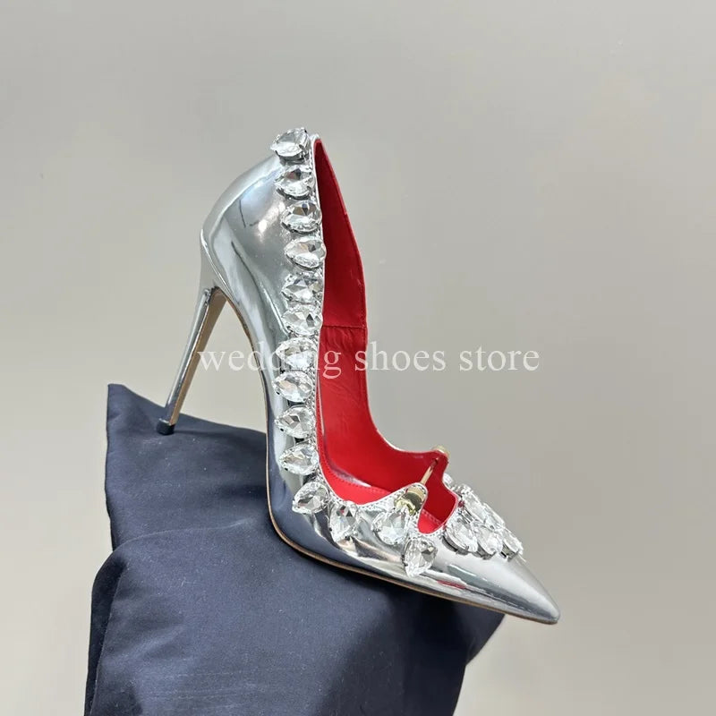 Rhinestone Heels Patent Leather Sexy Pointed Toe