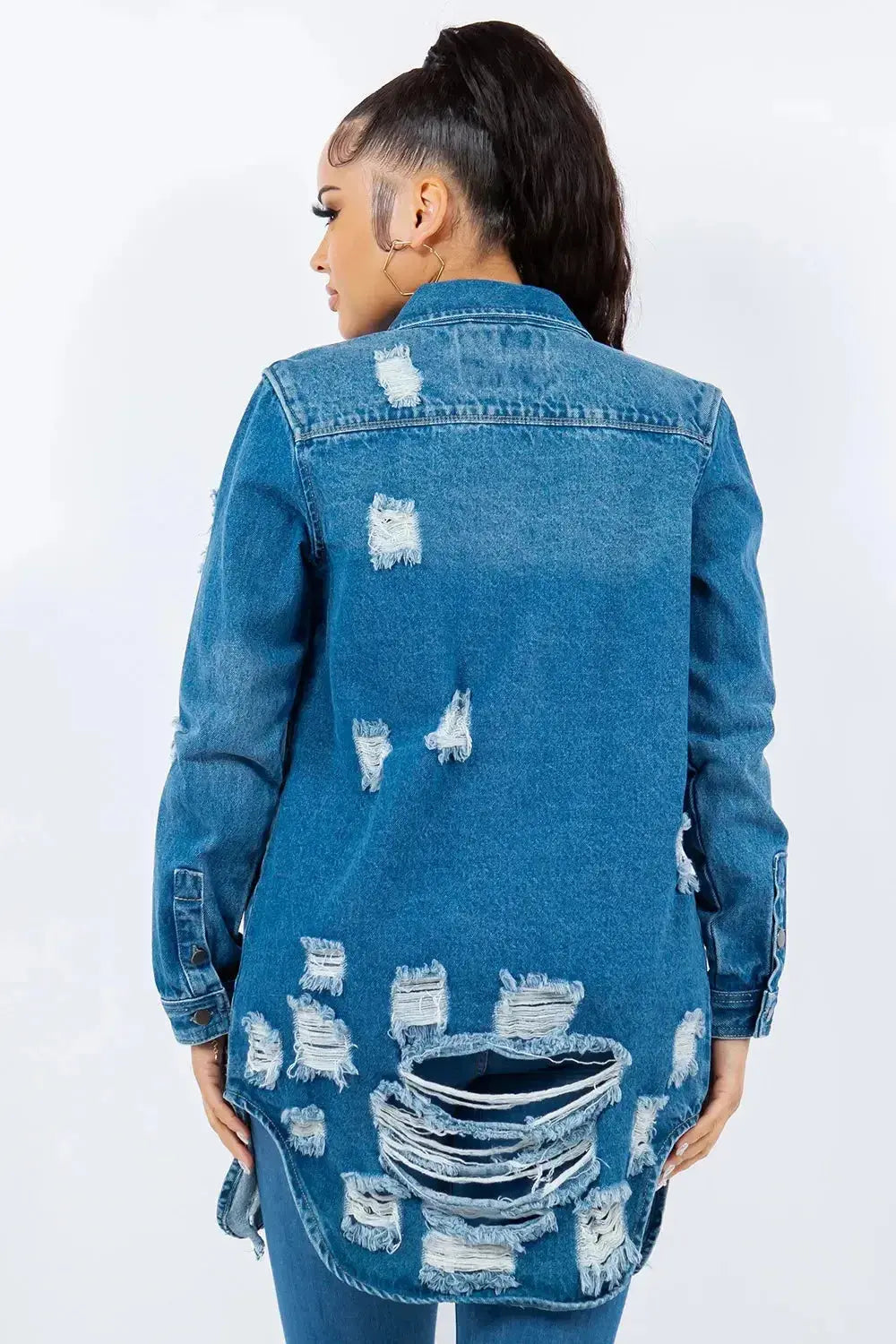 American Bazi Distressed Button Up Long Sleeve Denim Jacket - DaisyDrop 