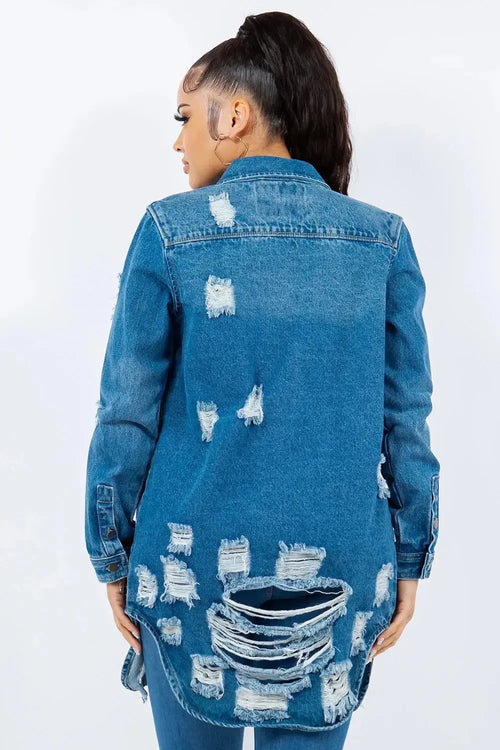 American Bazi Distressed Button Up Long Sleeve Denim Jacket - DaisyDrop 