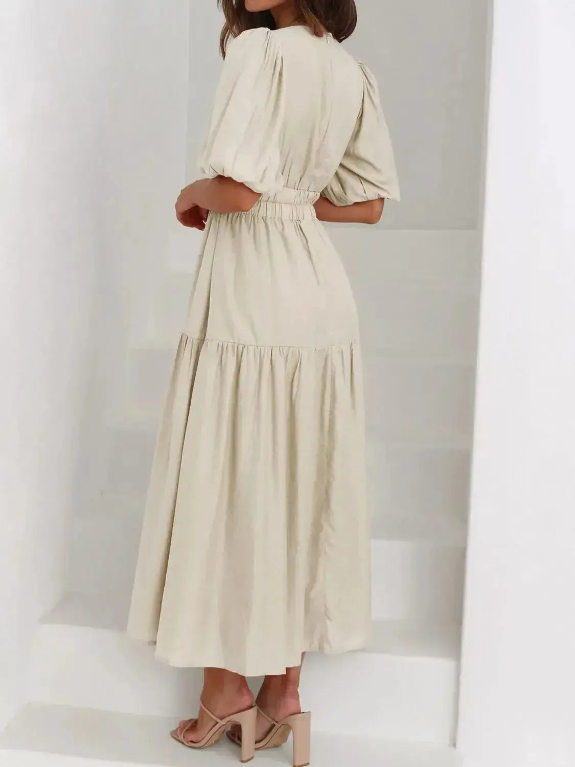 V-Neck Puff Sleeve Midi Dress - DaisyDrop 