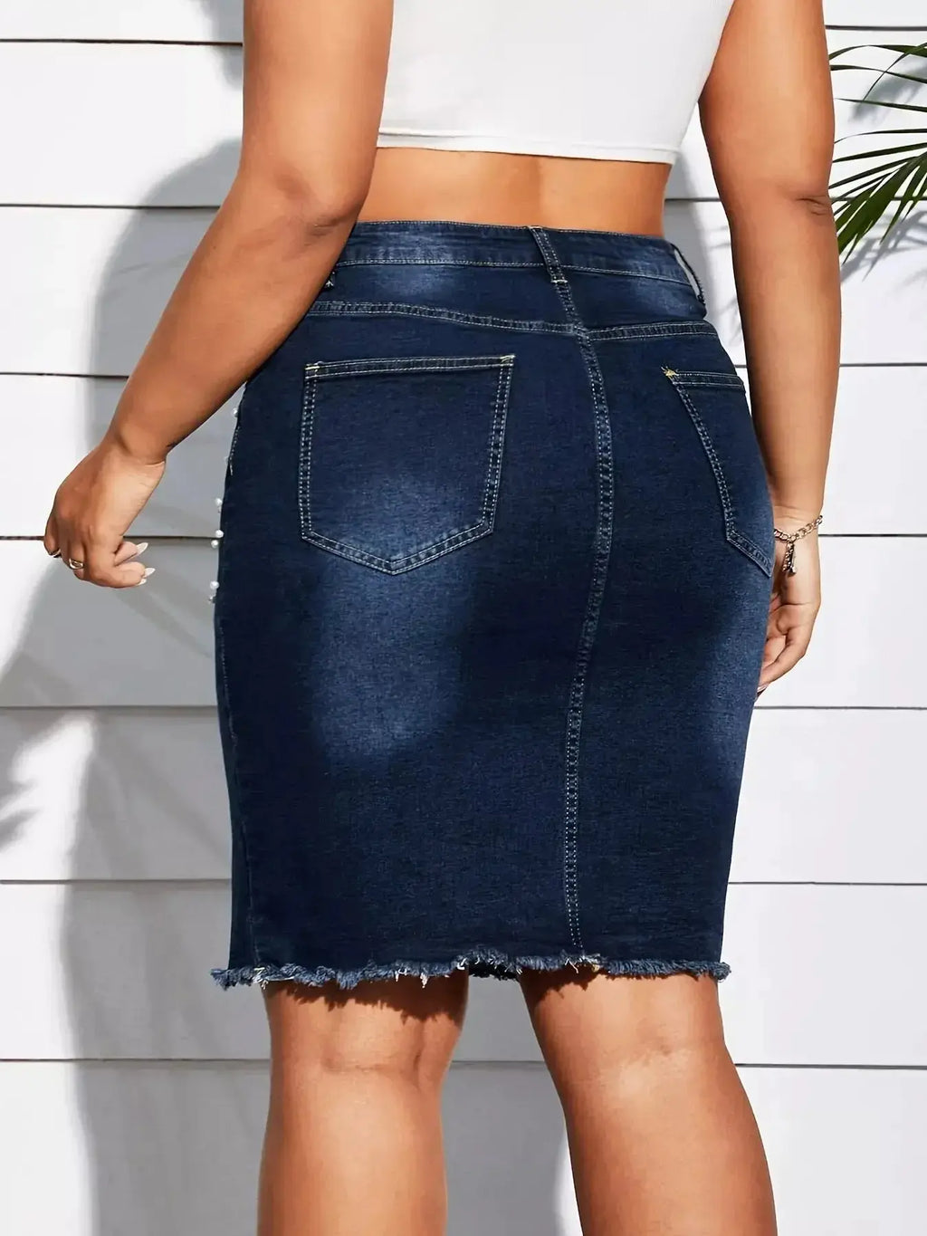 Plus Size Pearl Embellished Frayed Hem Denim Skirt - DaisyDrop 