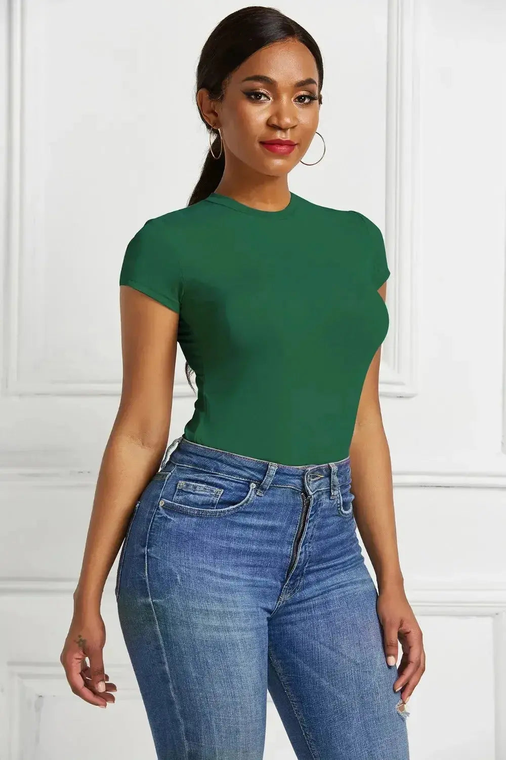 Round Neck Short Sleeve Bodysuit - DaisyDrop 