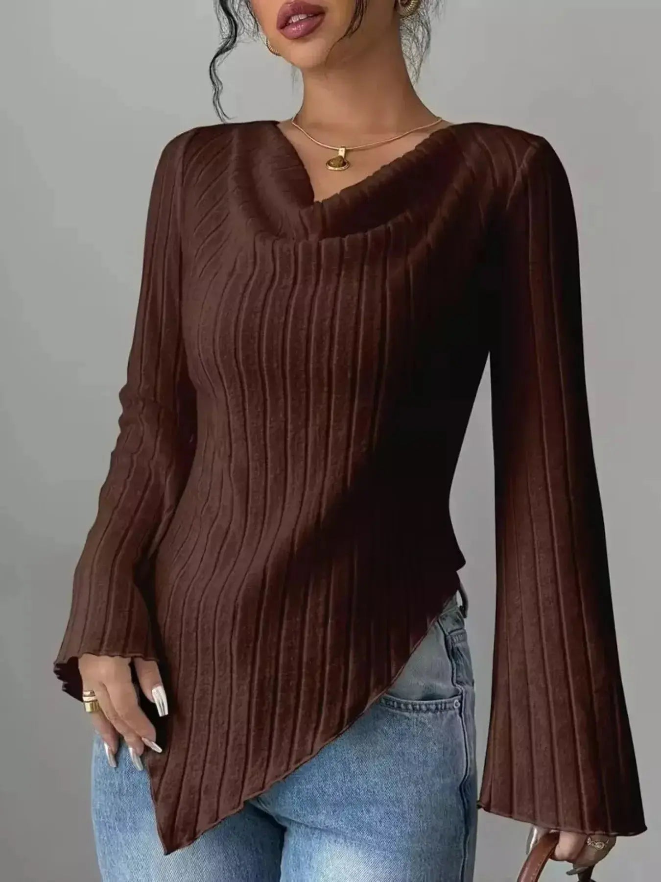 Cowl Neck Ribbed Knit Top - DaisyDrop 