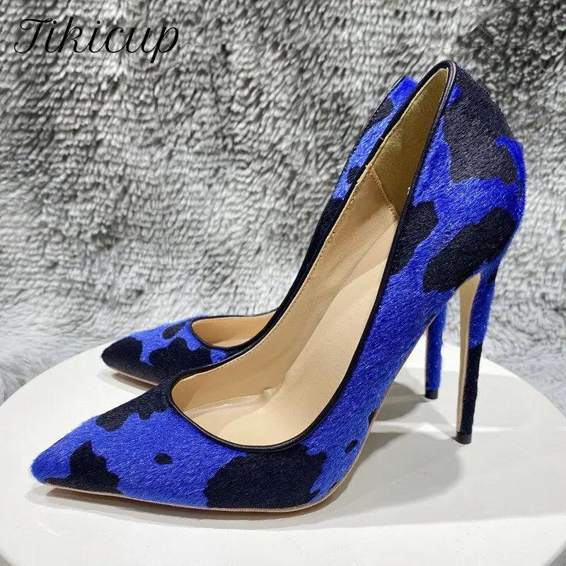 Tikicup Blue Cow Women Hairy Flock Pointy Toe High Heels eprolo