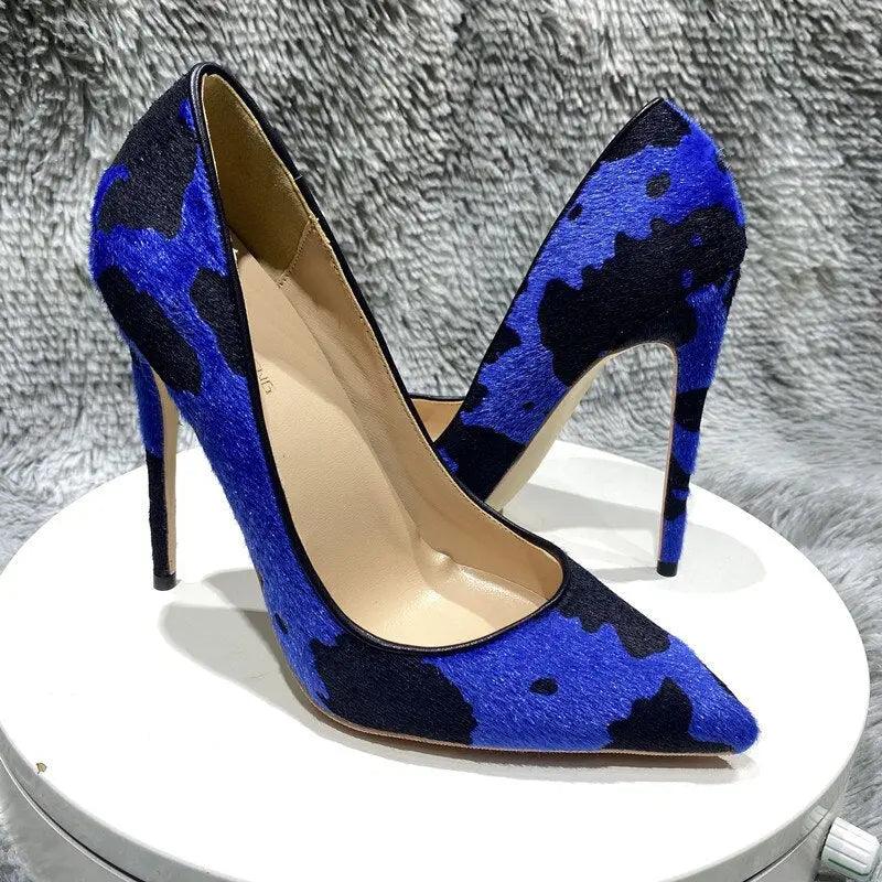Tikicup Blue Cow Women Hairy Flock Pointy Toe High Heels eprolo