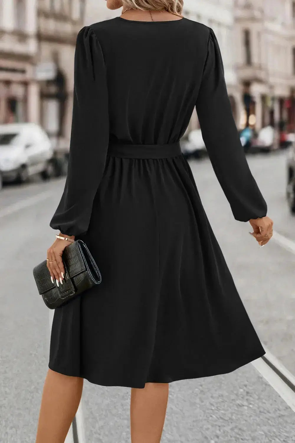 Tie Waist Notched Neck Long Sleeve Dress - DaisyDrop 