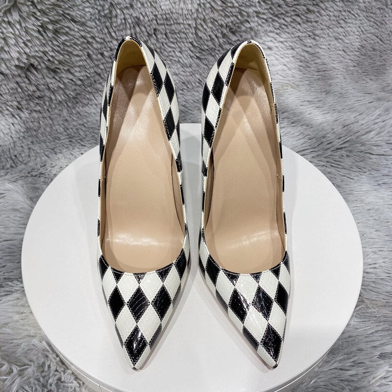Tikicup Black White Diamond Crocodile Effect Women Pointy Toe High Heel