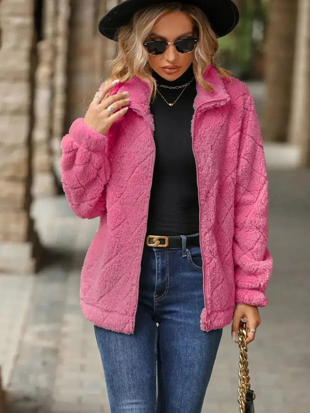 Fuzzy Pocketed Zip Up Jacket - DaisyDrop 