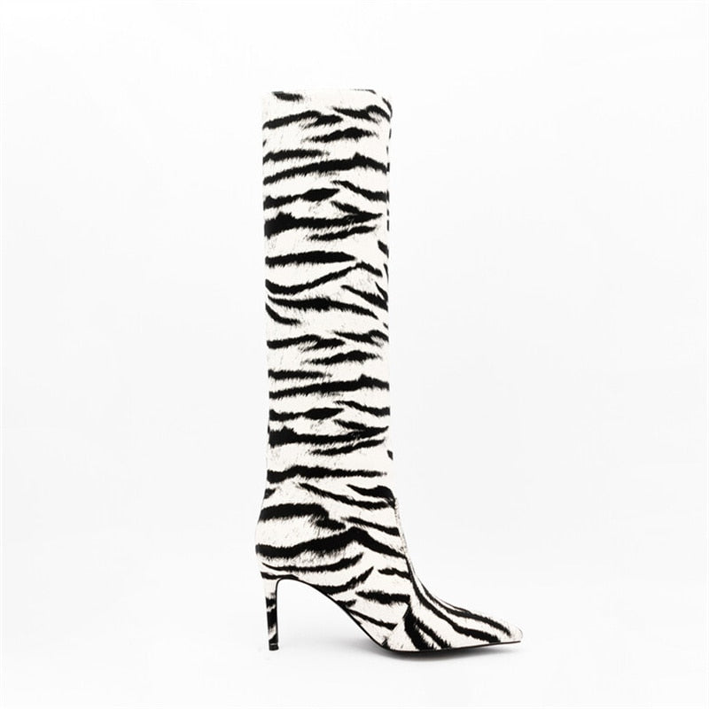 Tiger Print High Heel Pointed Toe Satin Stiletto Knee High Boots