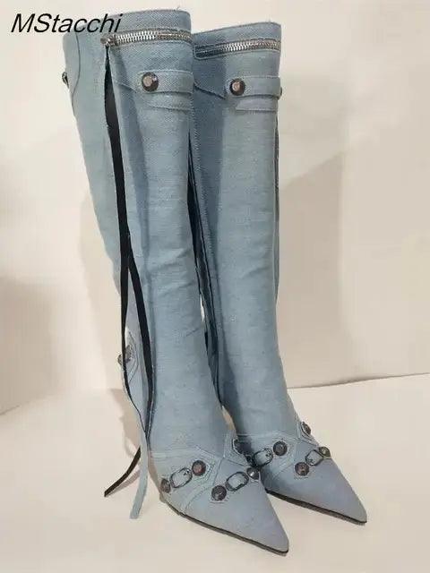 Zipper-Sid Long Botas De Mujer Metal Rivet Women High Knee Pointed Toe Boots eprolo