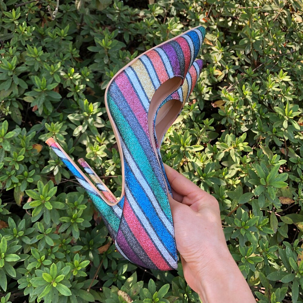 Tikicup Women Rainbow Iridescent High Heels Shiny Glitter Pointy Toe Stilettos
