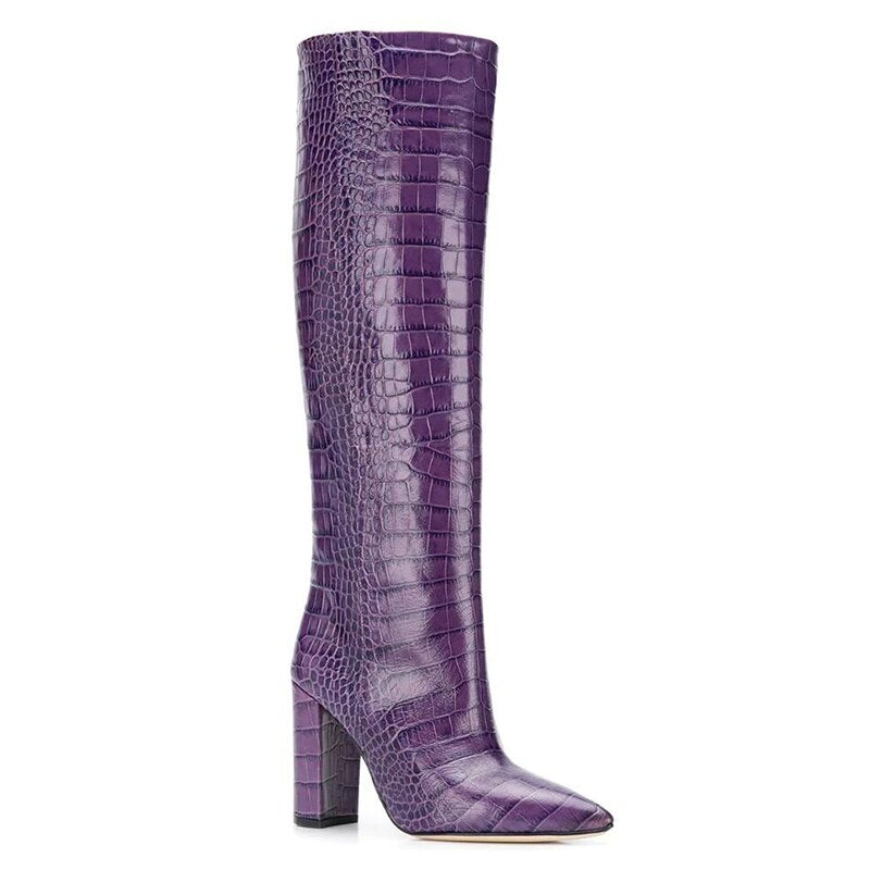 Women White Knee High Boots Crocodile Embossed Heel