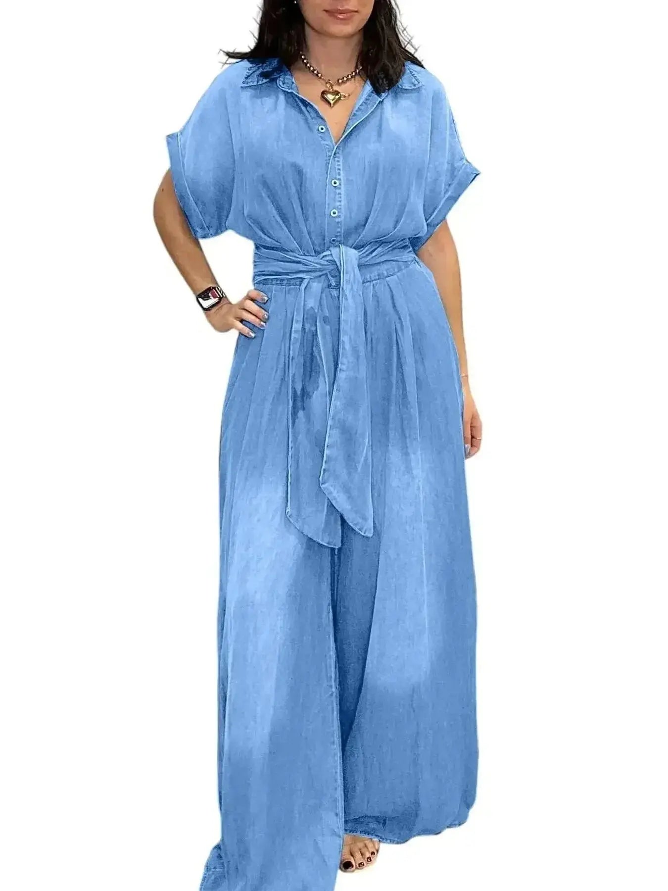 Button Front Wide Leg Denim Jumpsuit - DaisyDrop 