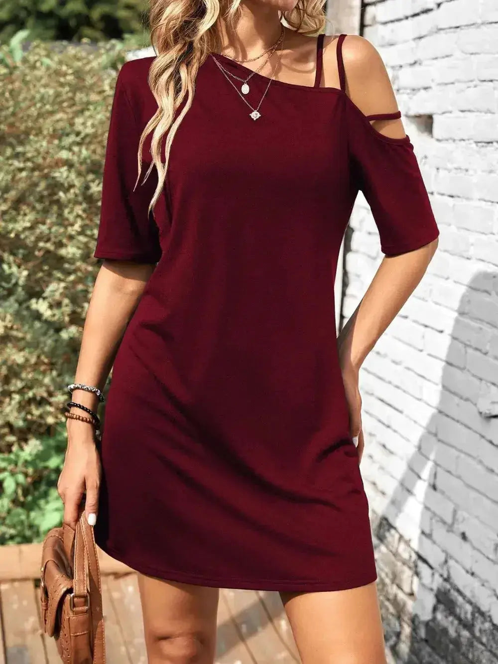 Asymmetrical Neck Half Sleeve Mini Dress - DaisyDrop 