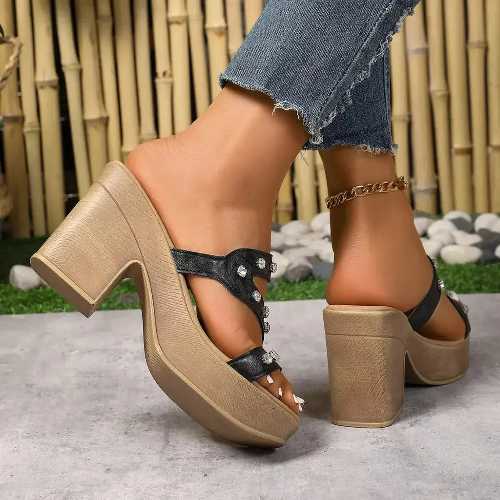 Rhinestone Open Toe Block Heels Sandals - DaisyDrop 