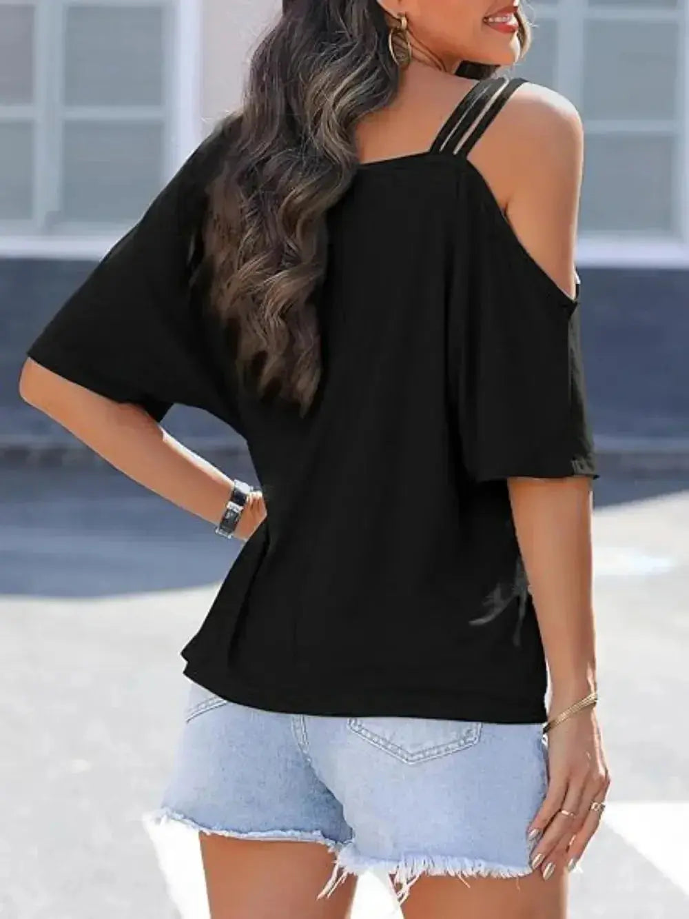 Asymmetrical Neck Half Sleeve T-Shirt - DaisyDrop 