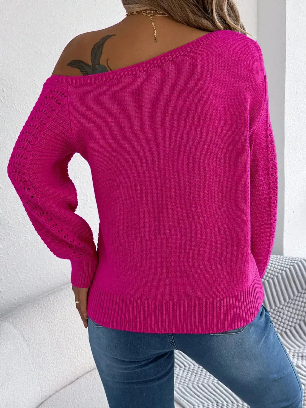 Openwork One Shoulder Cutout Long Sleeve Sweater - DaisyDrop 