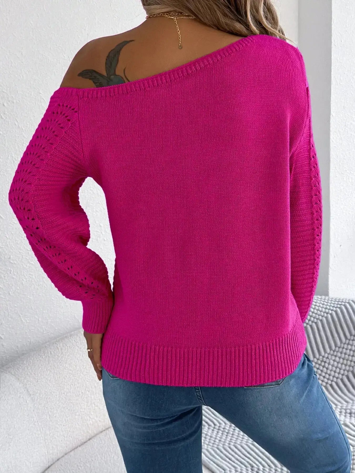 Openwork One Shoulder Cutout Long Sleeve Sweater - DaisyDrop 