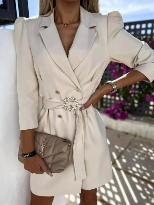 3/4 Sleeve Belted Blazer Dress - DaisyDrop 