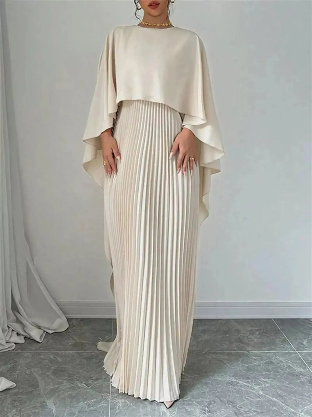 Cape Pleated Maxi Dress - DaisyDrop 