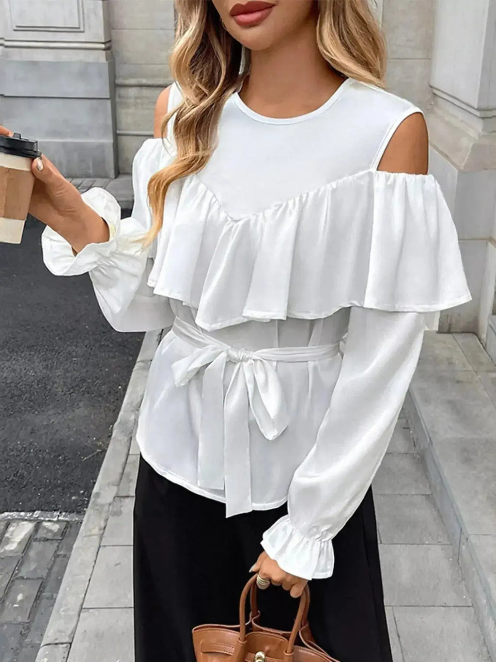 Cold Shoulder Ruffle Blouse - DaisyDrop 