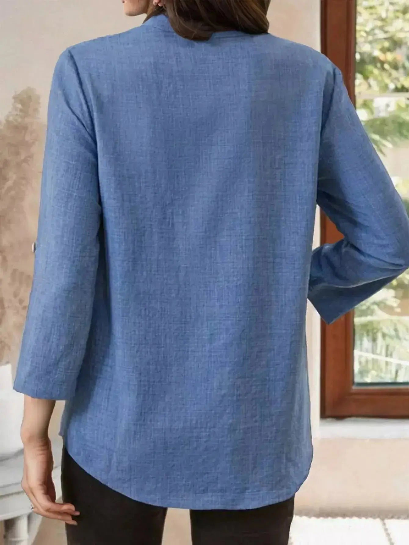 Casual Notched Roll-Up Sleeve Blouse - DaisyDrop 