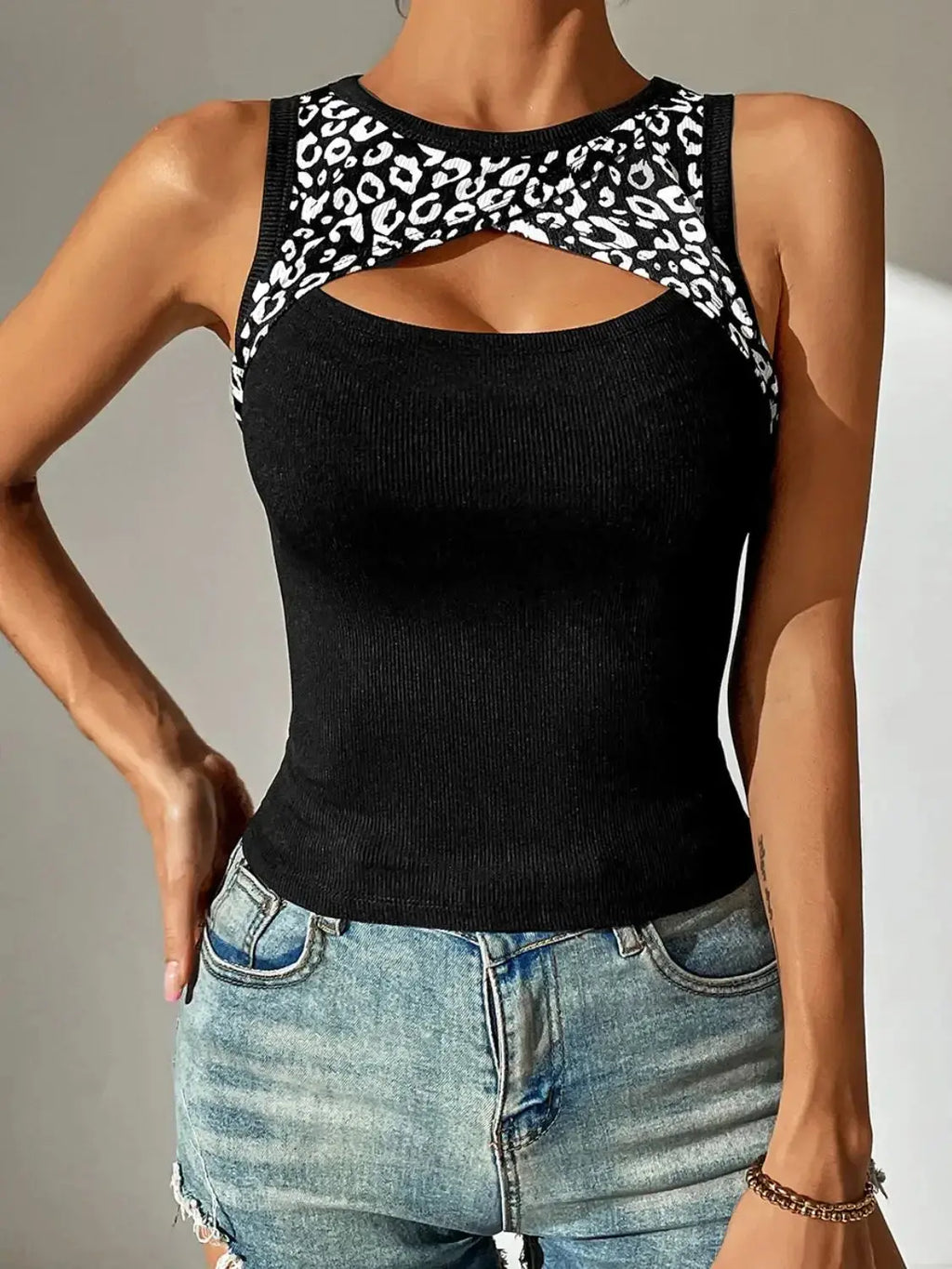 Ivy Lane Leopard Cutout Round Neck Tank - DaisyDrop 