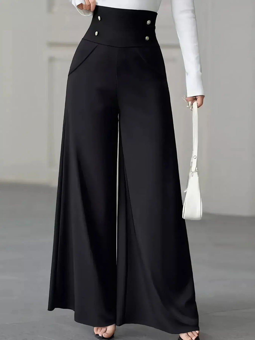 High Waist Wide Leg Button Decor Pants - DaisyDrop 