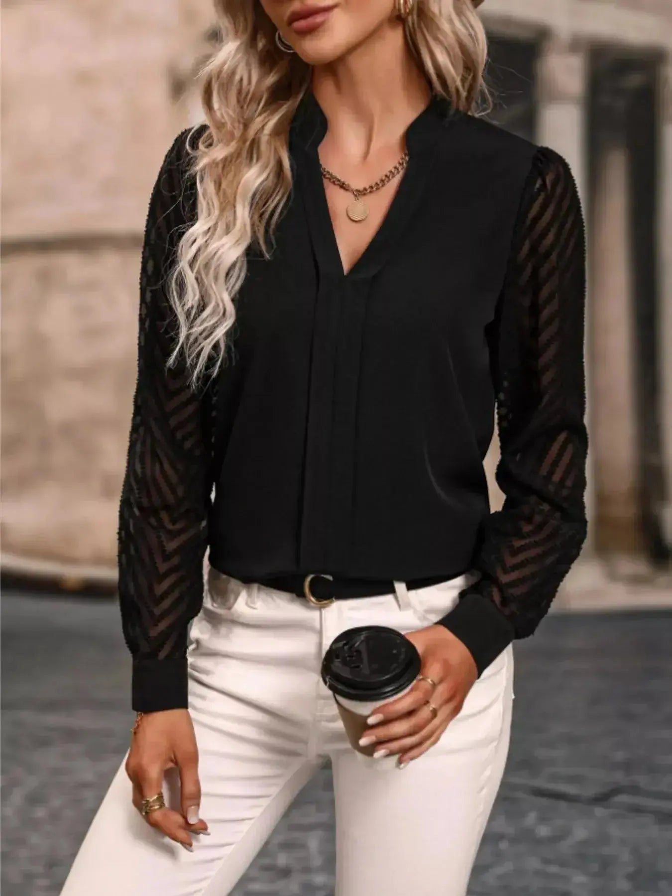 Notched Long Sleeve Blouse - DaisyDrop 