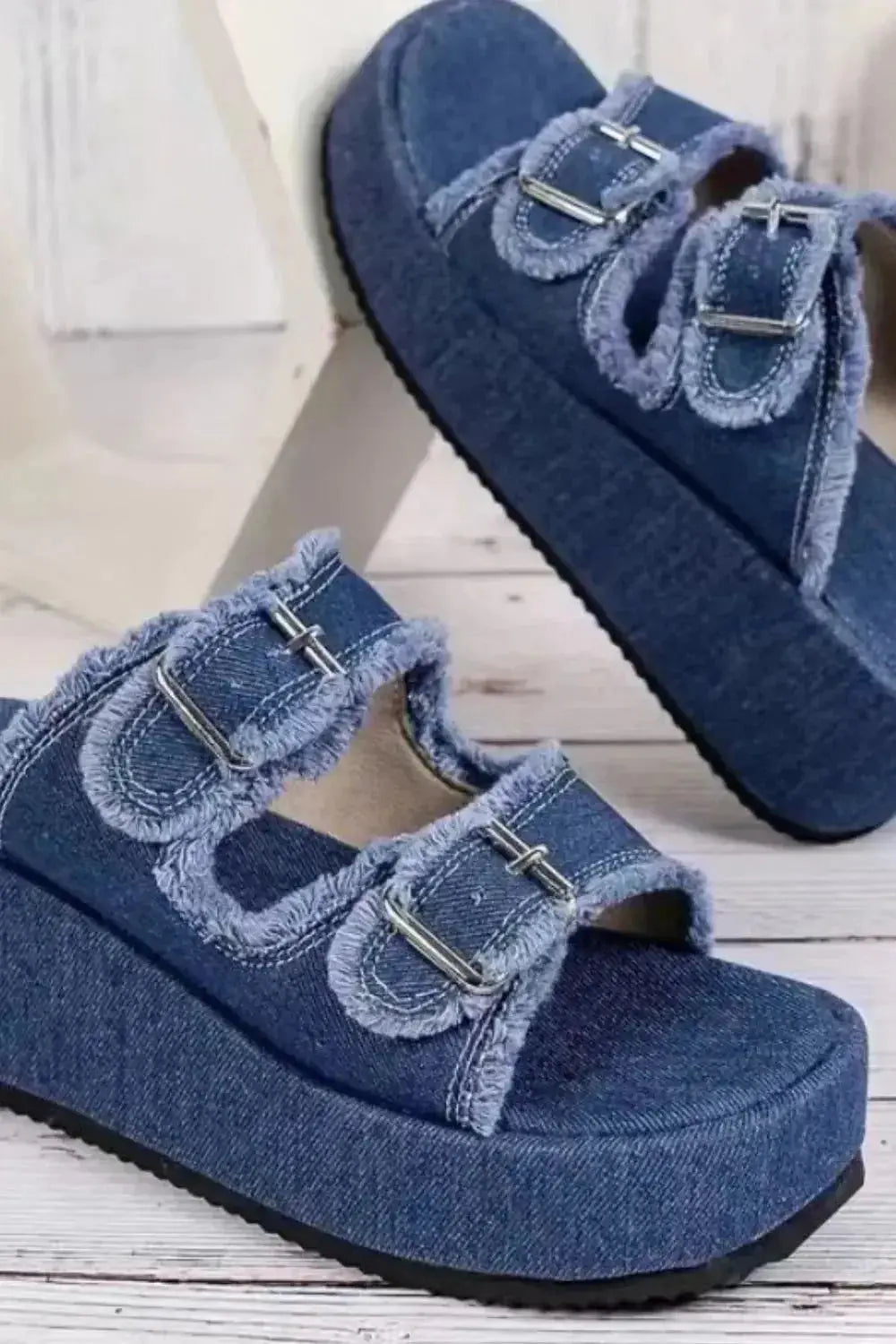 Raw Hem Wedge Buckle Sandals - DaisyDrop 