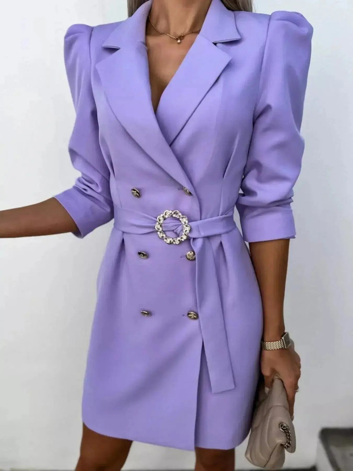 3/4 Sleeve Belted Blazer Dress - DaisyDrop 