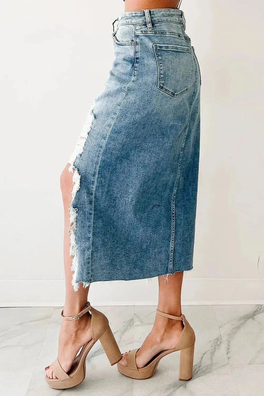 Distressed Asymmetrical Denim Skirt with Frayed Hem - DaisyDrop 