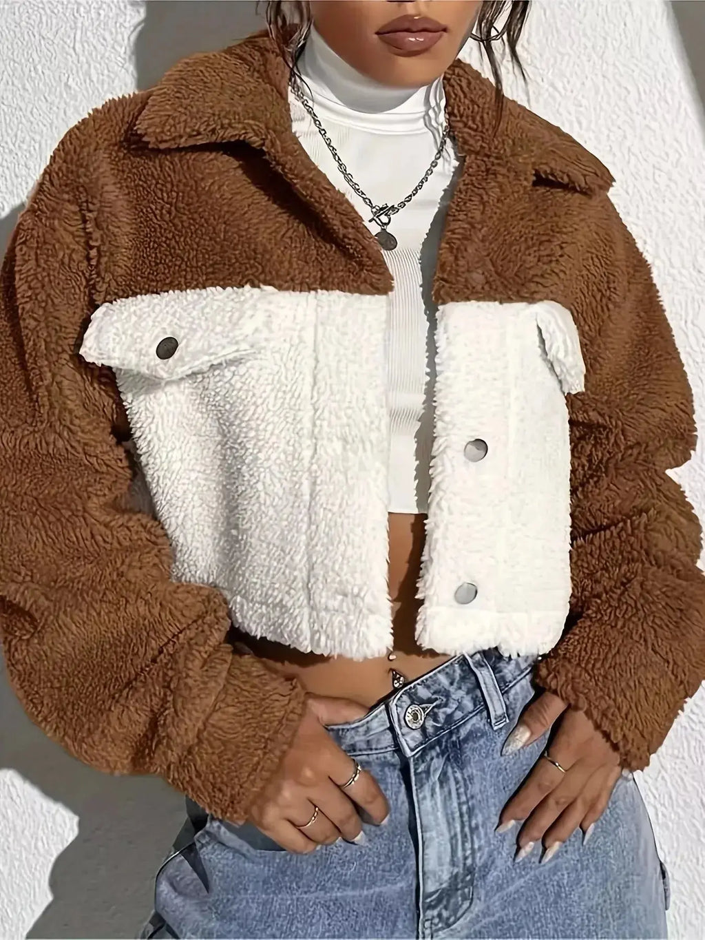Two-Tone Plush Cropped Jacket - DaisyDrop 