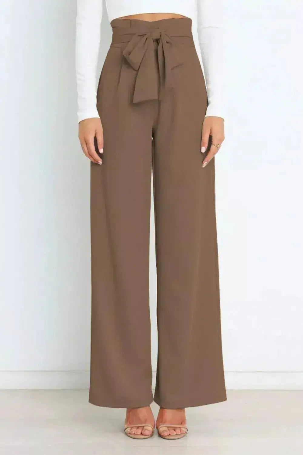 High Waist Tie Front Wide Leg Pants - DaisyDrop 