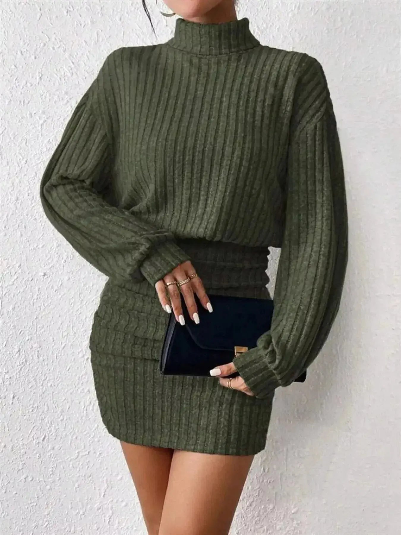 Ribbed Knit Turtleneck Bodycon Mini Dress - DaisyDrop 