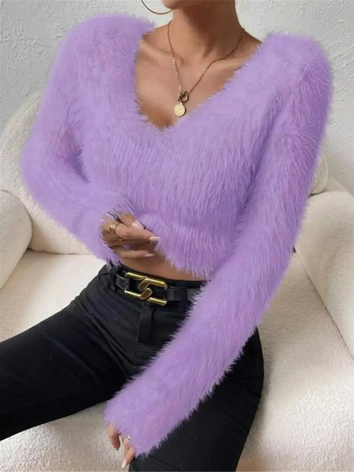 Fluffy Knit V-Neck Sweater - DaisyDrop 