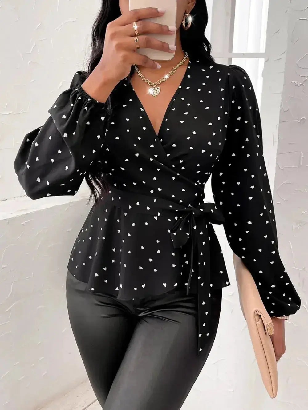 Heart Print Surplice Balloon Sleeve Blouse - DaisyDrop 