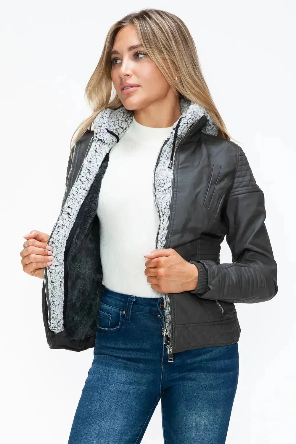 YMI Faux Layered Double-Zipper Jacket with Fuzzy Hood - DaisyDrop 