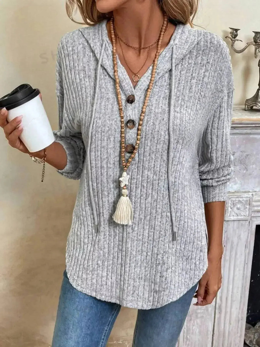 Casual Ribbed Button Detail Hoodie - DaisyDrop 