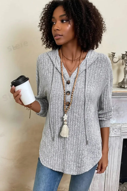 Casual Ribbed Button Detail Hoodie - DaisyDrop 