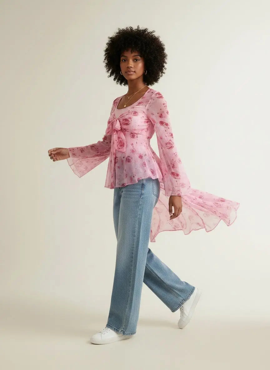 Model walking while wearing Floral Print Tie Front Flare Sleeve Chiffon Blouse