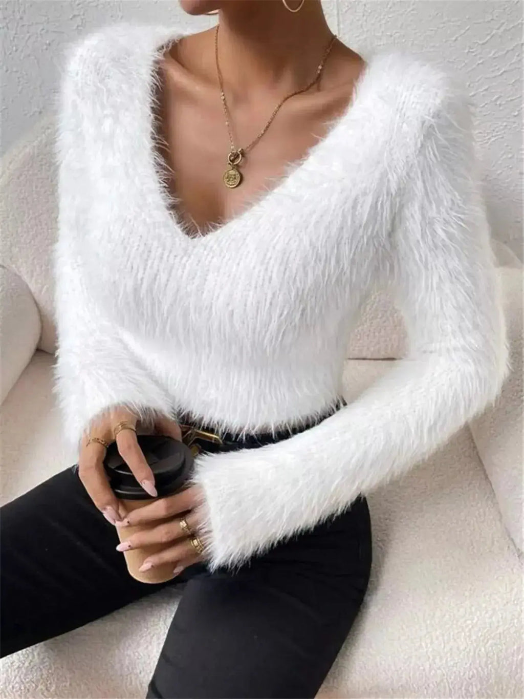 Fluffy Knit V-Neck Sweater - DaisyDrop 
