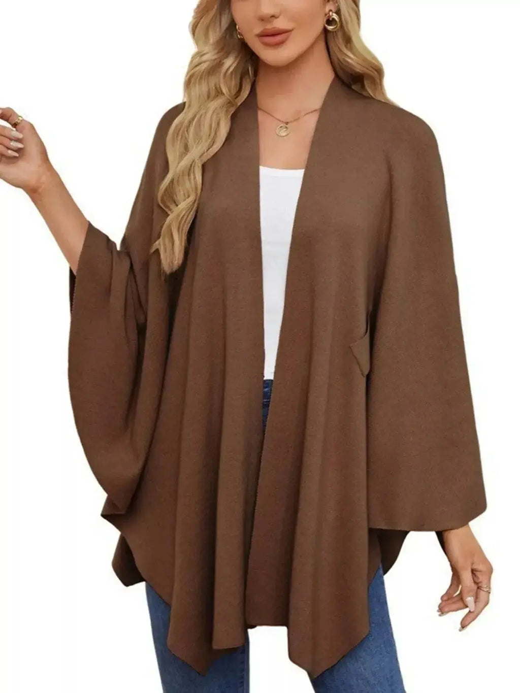 Solid Color Tie-Front Knit Cape Top - DaisyDrop 