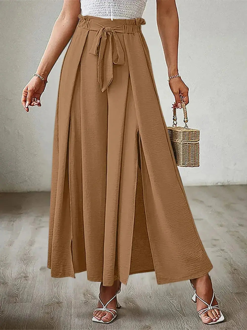 Tied Slit Wide Leg Pants - DaisyDrop 