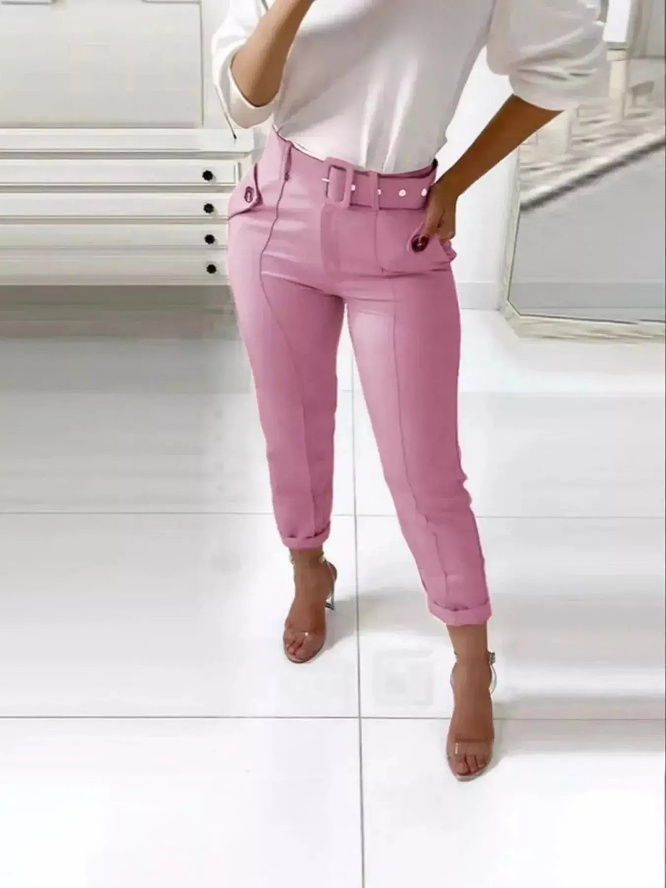 High Waist Belted Slim Fit Ankle Pants - DaisyDrop 