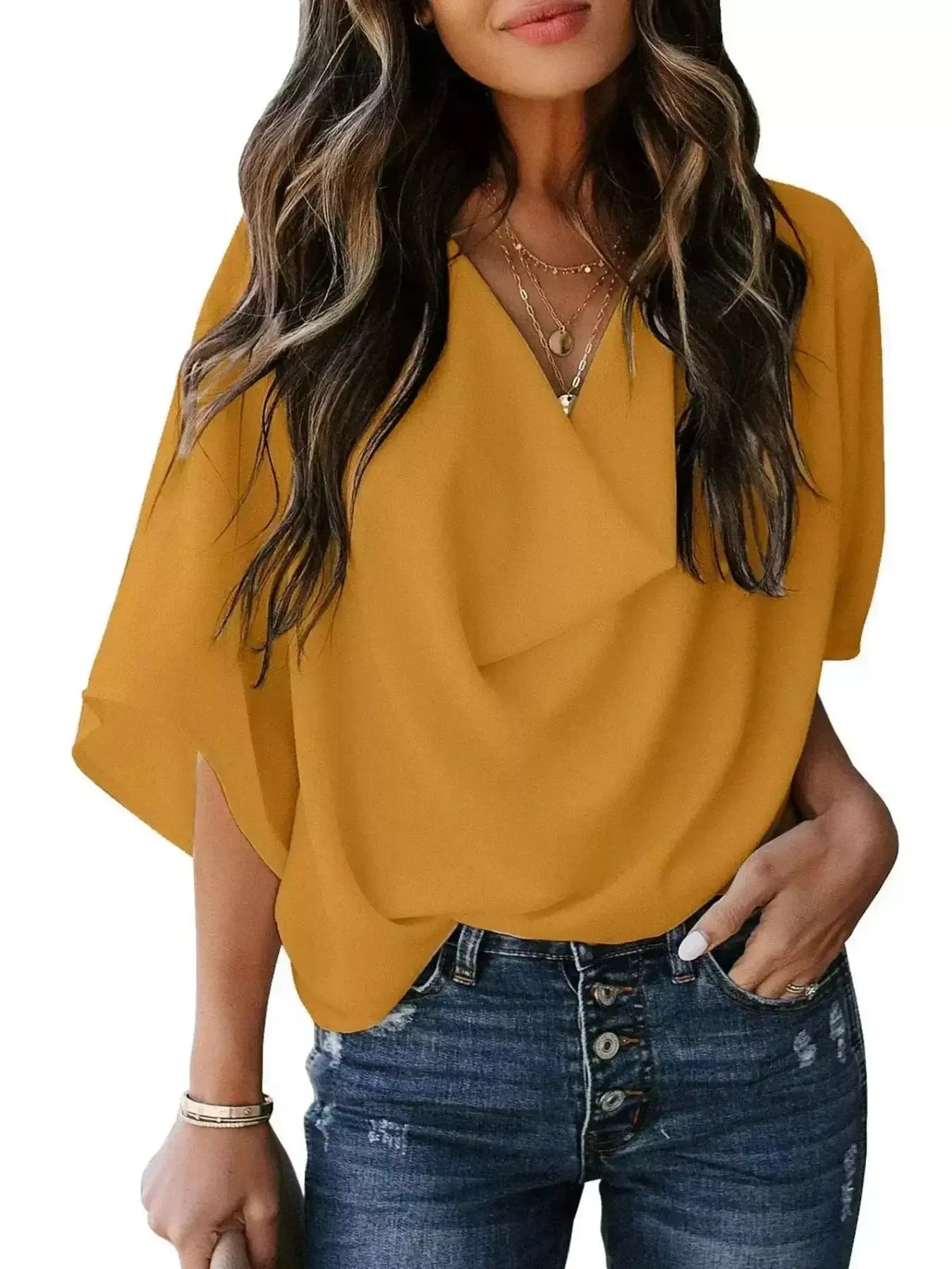 Full Size Half Sleeve Flowy Blouse Plus Size - DaisyDrop 
