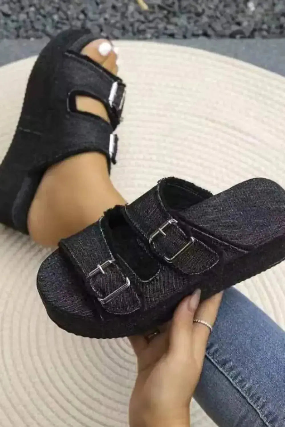 Raw Hem Wedge Buckle Sandals - DaisyDrop 
