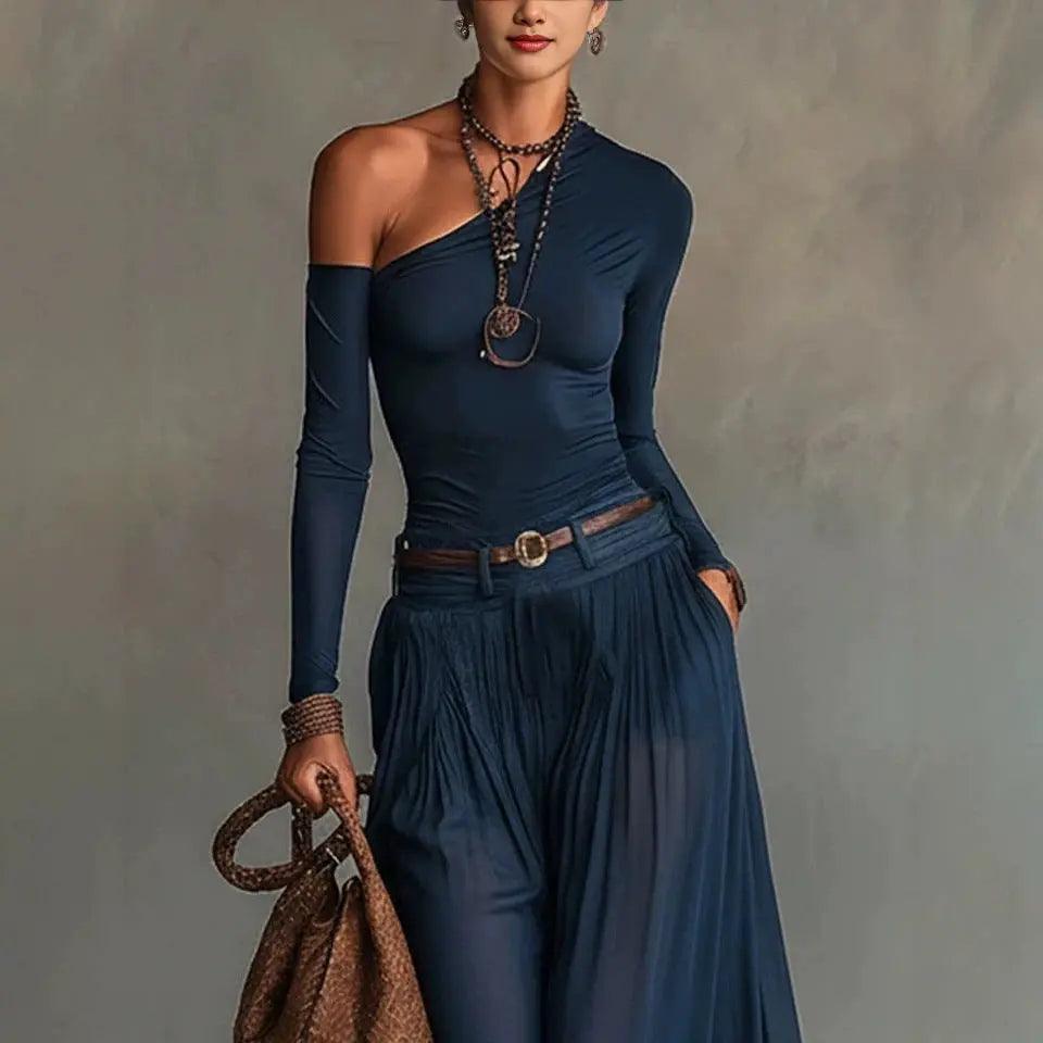 Fashionable Simple Solid Color Asymmetrical Shoulder Long Sleeve Casual Set with Belted Long Dress eprolo