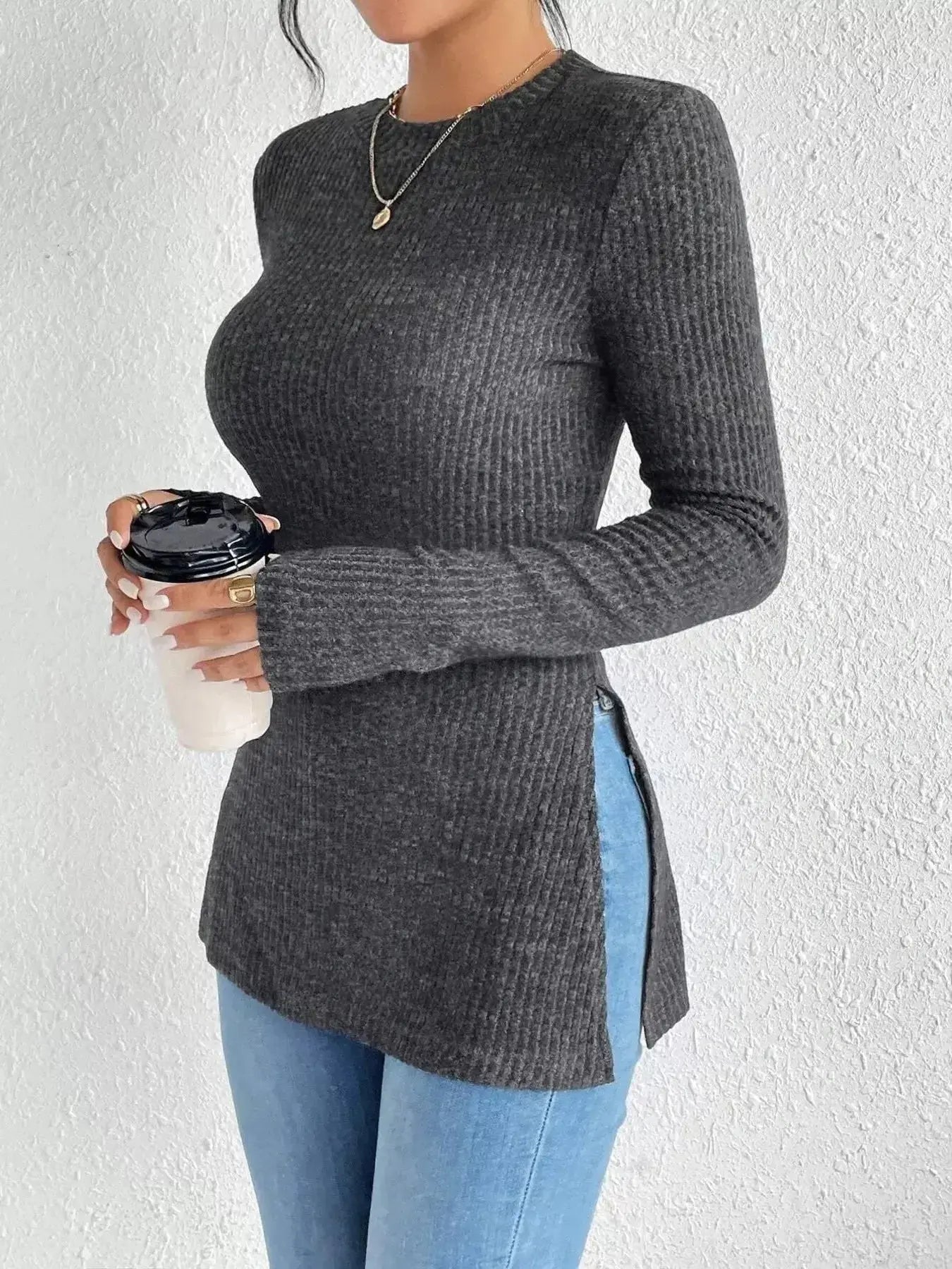 Slit Round Neck Long Sleeve T-Shirt - DaisyDrop 