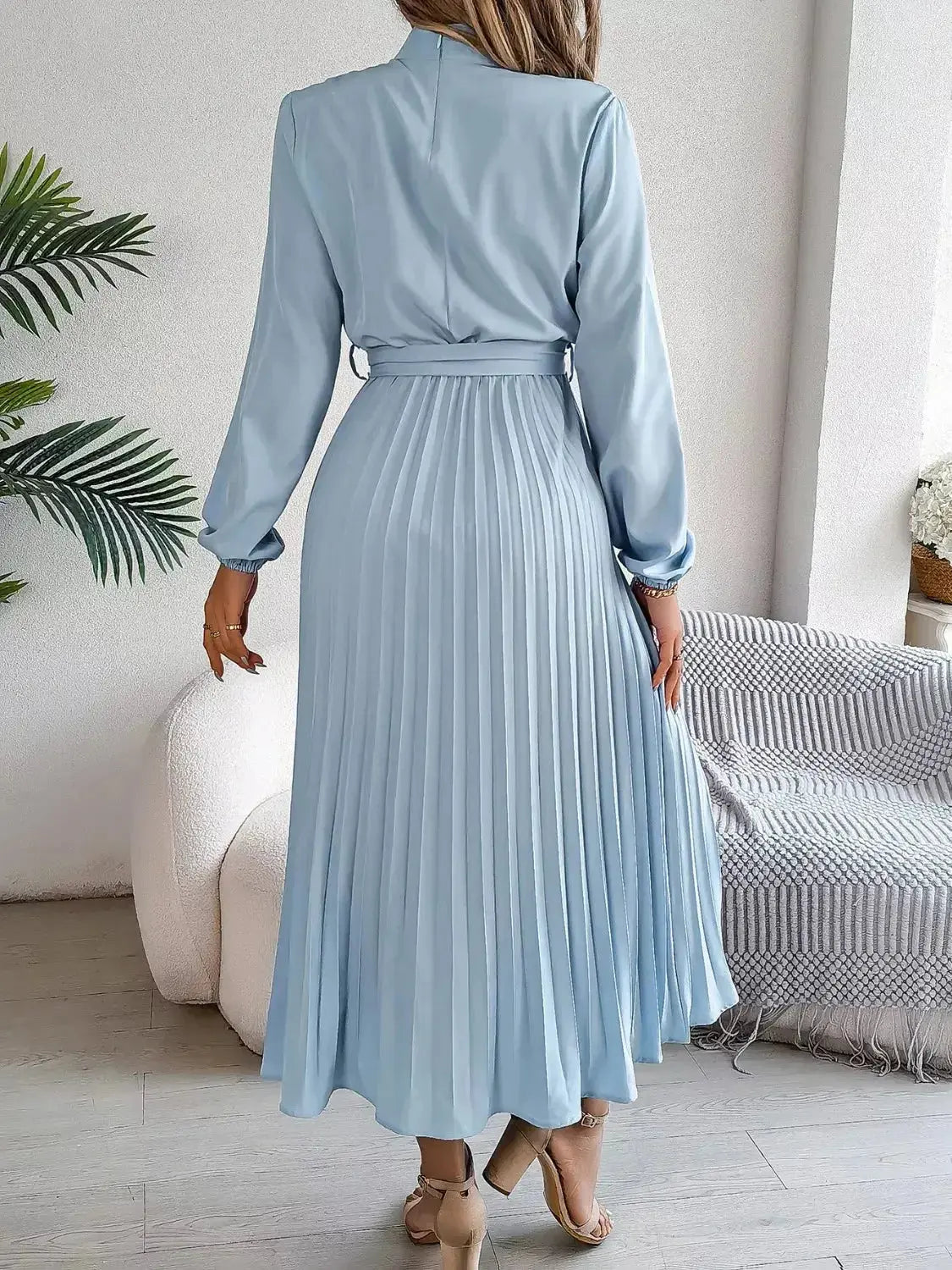 Mock Neck Pleated Midi Dress - DaisyDrop 